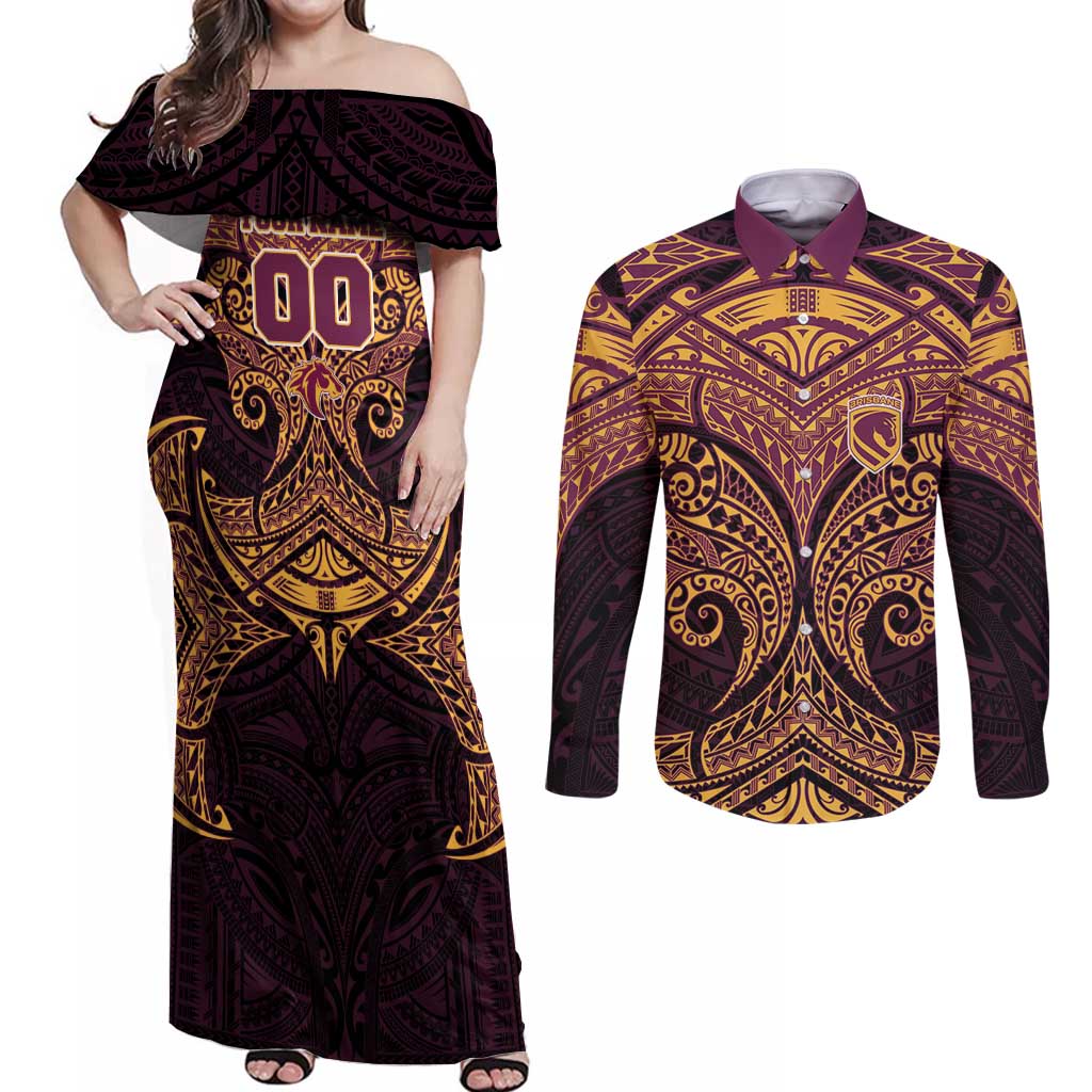 Personalized Brisbane Broncos Couples Matching Off Shoulder Maxi Dress and Long Sleeve Button Shirt Polynesian Tribal Pattern Style