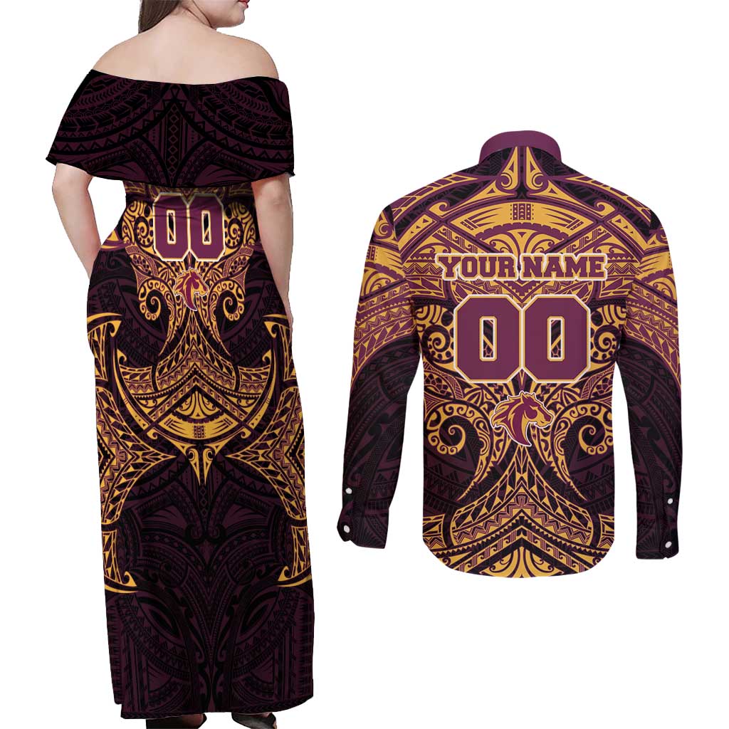 Personalized Brisbane Broncos Couples Matching Off Shoulder Maxi Dress and Long Sleeve Button Shirt Polynesian Tribal Pattern Style