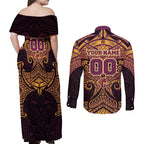 Personalized Brisbane Broncos Couples Matching Off Shoulder Maxi Dress and Long Sleeve Button Shirt Polynesian Tribal Pattern Style