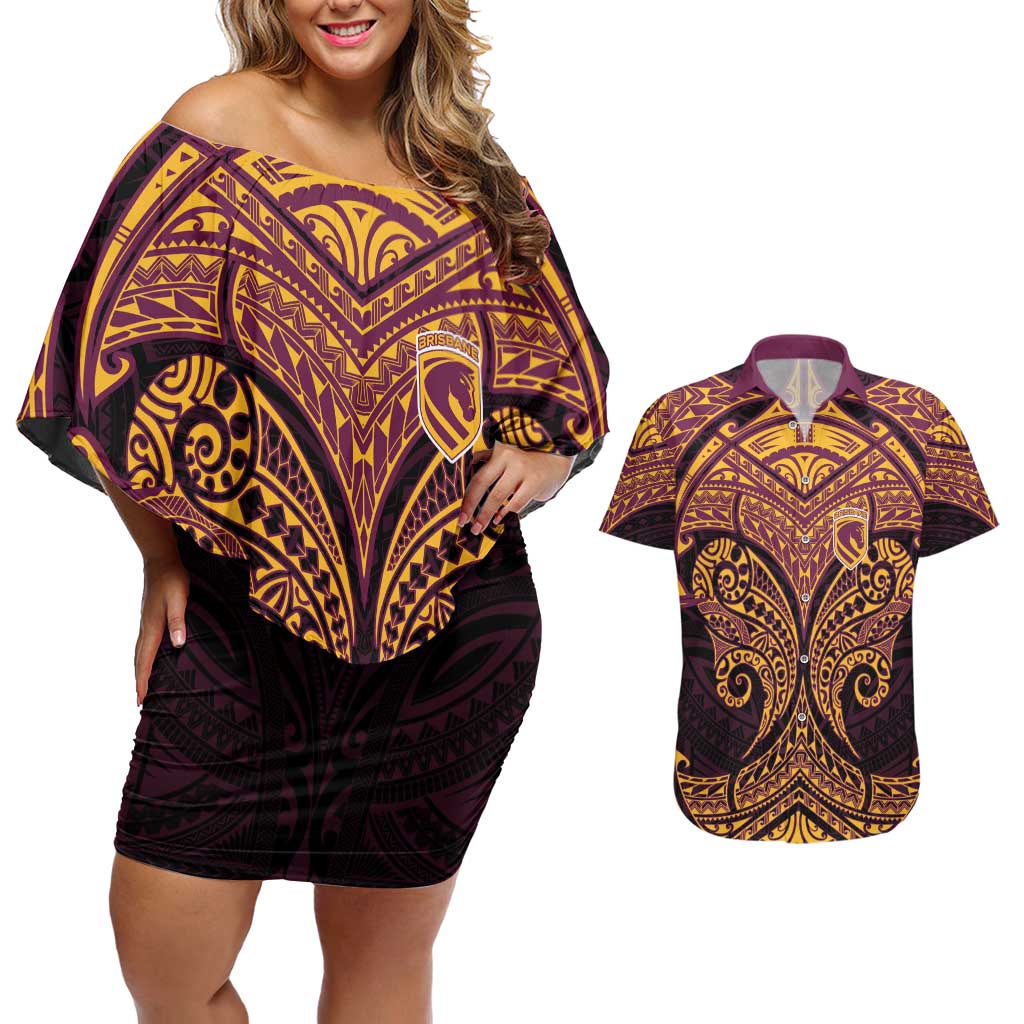 Personalized Brisbane Broncos Couples Matching Off Shoulder Short Dress and Hawaiian Shirt Polynesian Tribal Pattern Style