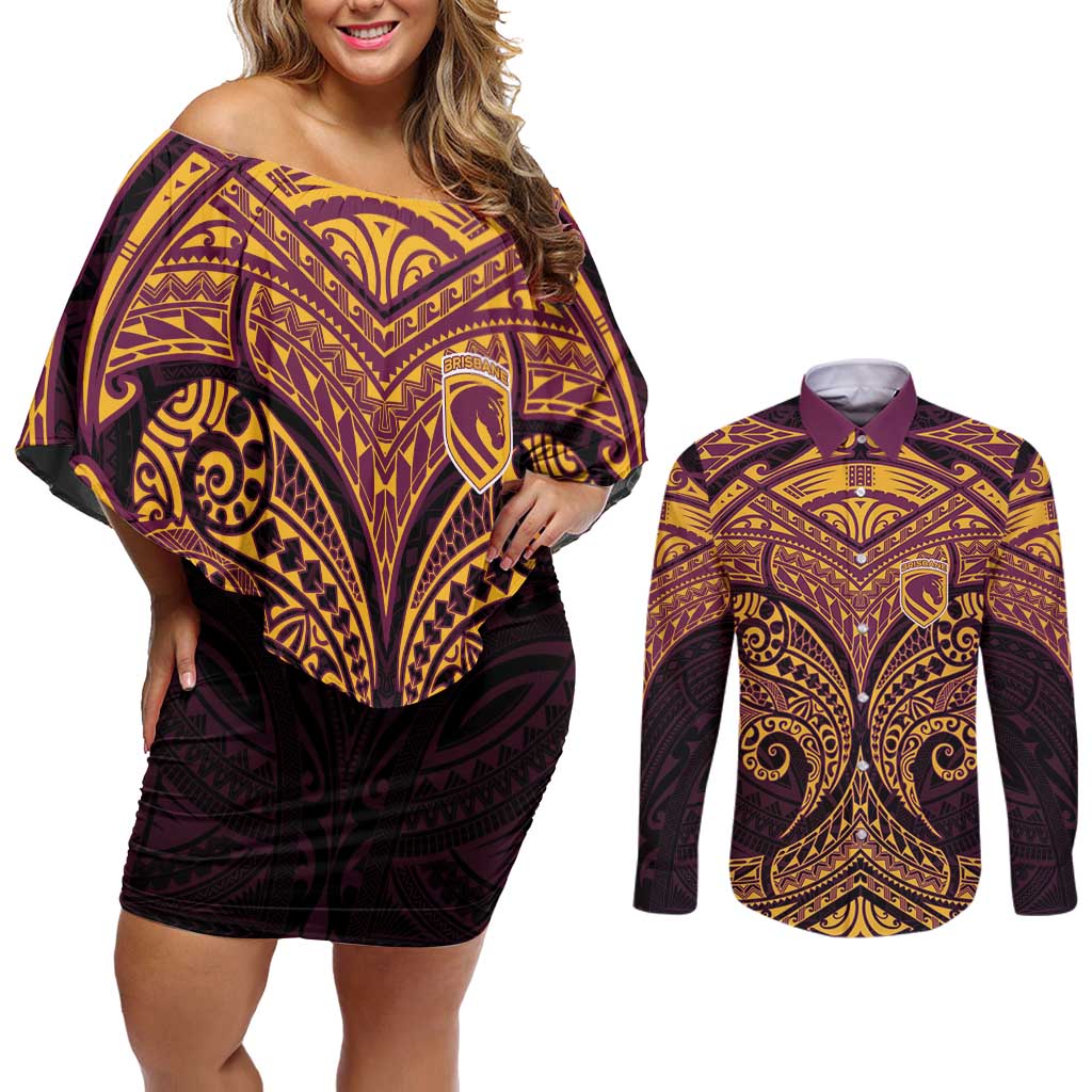 Personalized Brisbane Broncos Couples Matching Off Shoulder Short Dress and Long Sleeve Button Shirt Polynesian Tribal Pattern Style