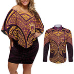 Personalized Brisbane Broncos Couples Matching Off Shoulder Short Dress and Long Sleeve Button Shirt Polynesian Tribal Pattern Style