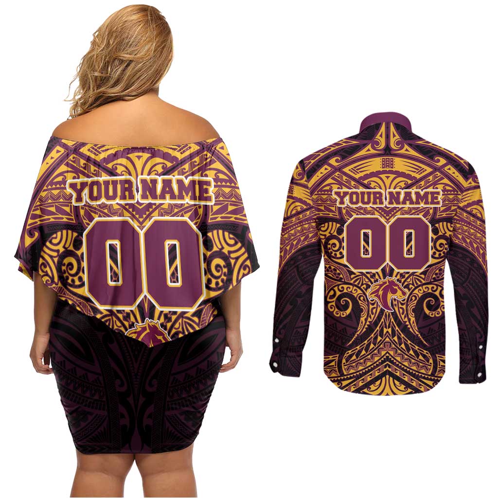 Personalized Brisbane Broncos Couples Matching Off Shoulder Short Dress and Long Sleeve Button Shirt Polynesian Tribal Pattern Style