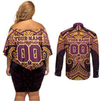 Personalized Brisbane Broncos Couples Matching Off Shoulder Short Dress and Long Sleeve Button Shirt Polynesian Tribal Pattern Style