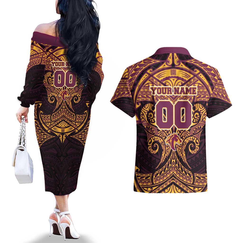 Personalized Brisbane Broncos Couples Matching Off The Shoulder Long Sleeve Dress and Hawaiian Shirt Polynesian Tribal Pattern Style