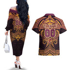 Personalized Brisbane Broncos Couples Matching Off The Shoulder Long Sleeve Dress and Hawaiian Shirt Polynesian Tribal Pattern Style