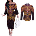 Personalized Brisbane Broncos Couples Matching Off The Shoulder Long Sleeve Dress and Long Sleeve Button Shirt Polynesian Tribal Pattern Style
