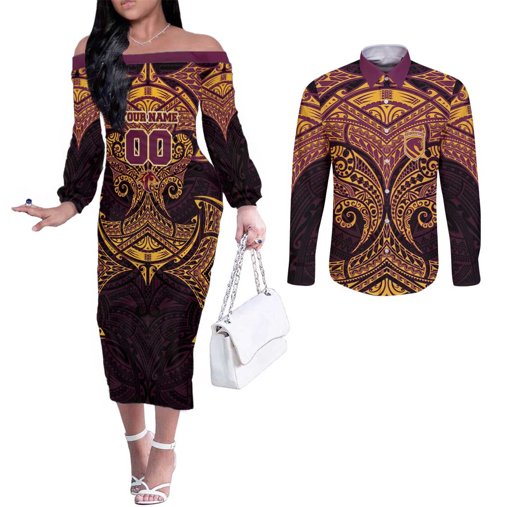 Personalized Brisbane Broncos Couples Matching Off The Shoulder Long Sleeve Dress and Long Sleeve Button Shirt Polynesian Tribal Pattern Style