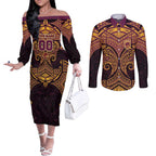 Personalized Brisbane Broncos Couples Matching Off The Shoulder Long Sleeve Dress and Long Sleeve Button Shirt Polynesian Tribal Pattern Style