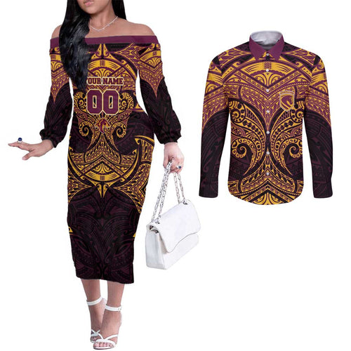 Personalized Brisbane Broncos Couples Matching Off The Shoulder Long Sleeve Dress and Long Sleeve Button Shirt Polynesian Tribal Pattern Style