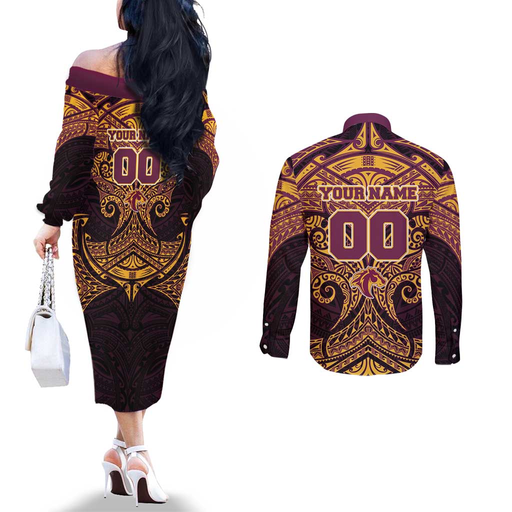 Personalized Brisbane Broncos Couples Matching Off The Shoulder Long Sleeve Dress and Long Sleeve Button Shirt Polynesian Tribal Pattern Style