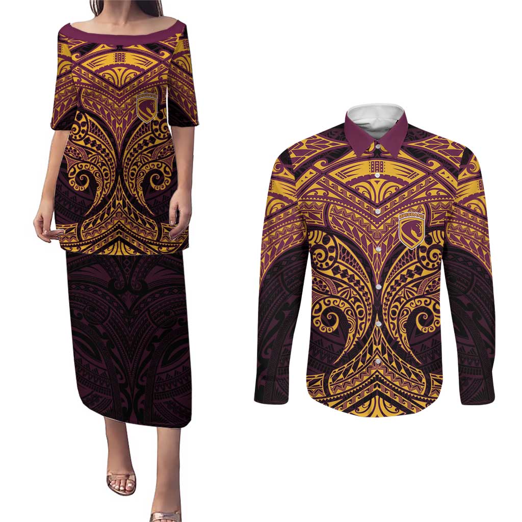 Personalized Brisbane Broncos Couples Matching Puletasi and Long Sleeve Button Shirt Polynesian Tribal Pattern Style