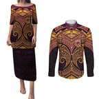 Personalized Brisbane Broncos Couples Matching Puletasi and Long Sleeve Button Shirt Polynesian Tribal Pattern Style