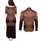 Personalized Brisbane Broncos Couples Matching Puletasi and Long Sleeve Button Shirt Polynesian Tribal Pattern Style