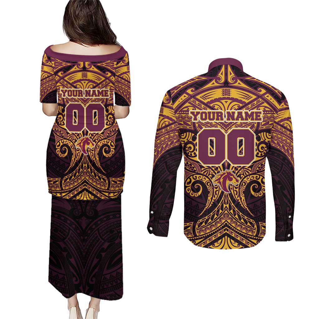 Personalized Brisbane Broncos Couples Matching Puletasi and Long Sleeve Button Shirt Polynesian Tribal Pattern Style