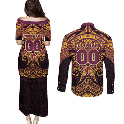 Personalized Brisbane Broncos Couples Matching Puletasi and Long Sleeve Button Shirt Polynesian Tribal Pattern Style