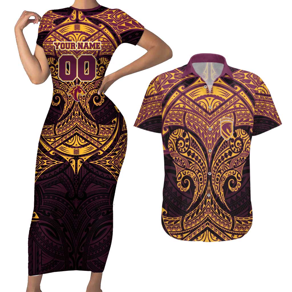 Personalized Brisbane Broncos Couples Matching Short Sleeve Bodycon Dress and Hawaiian Shirt Polynesian Tribal Pattern Style