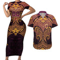 Personalized Brisbane Broncos Couples Matching Short Sleeve Bodycon Dress and Hawaiian Shirt Polynesian Tribal Pattern Style