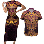 Personalized Brisbane Broncos Couples Matching Short Sleeve Bodycon Dress and Hawaiian Shirt Polynesian Tribal Pattern Style