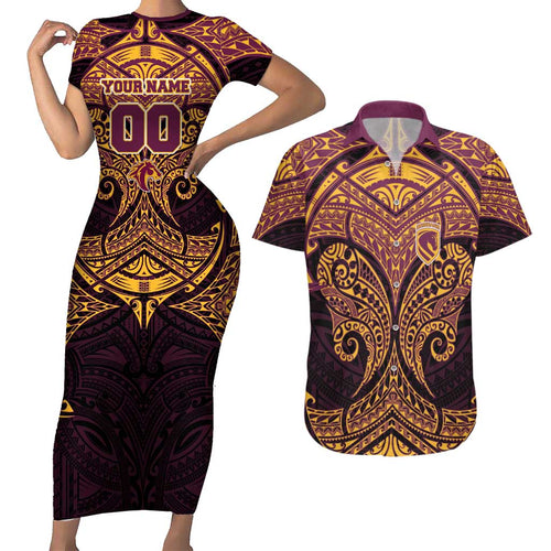 Personalized Brisbane Broncos Couples Matching Short Sleeve Bodycon Dress and Hawaiian Shirt Polynesian Tribal Pattern Style