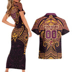 Personalized Brisbane Broncos Couples Matching Short Sleeve Bodycon Dress and Hawaiian Shirt Polynesian Tribal Pattern Style