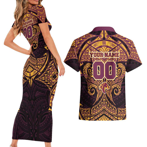 Personalized Brisbane Broncos Couples Matching Short Sleeve Bodycon Dress and Hawaiian Shirt Polynesian Tribal Pattern Style