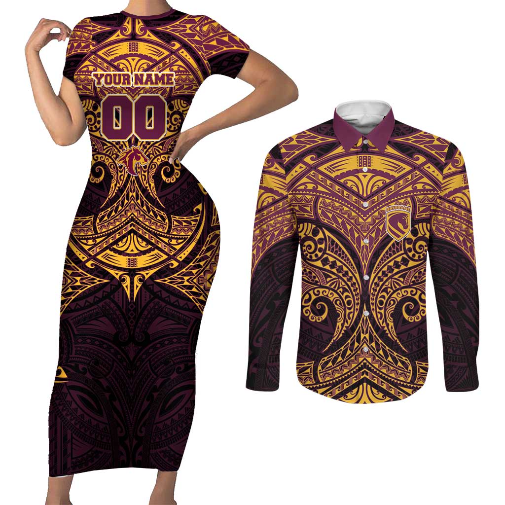 Personalized Brisbane Broncos Couples Matching Short Sleeve Bodycon Dress and Long Sleeve Button Shirt Polynesian Tribal Pattern Style