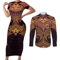 Personalized Brisbane Broncos Couples Matching Short Sleeve Bodycon Dress and Long Sleeve Button Shirt Polynesian Tribal Pattern Style
