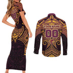 Personalized Brisbane Broncos Couples Matching Short Sleeve Bodycon Dress and Long Sleeve Button Shirt Polynesian Tribal Pattern Style