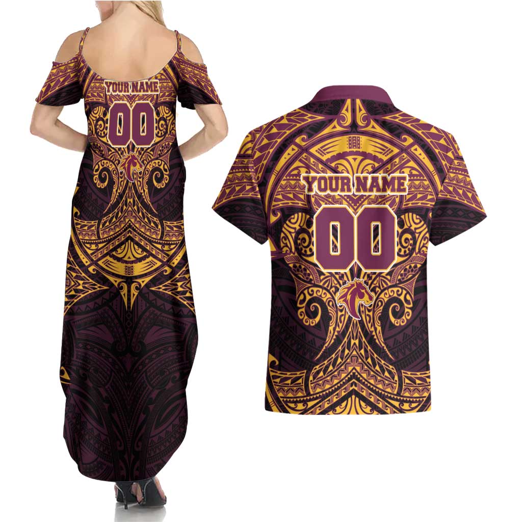 Personalized Brisbane Broncos Couples Matching Summer Maxi Dress and Hawaiian Shirt Polynesian Tribal Pattern Style