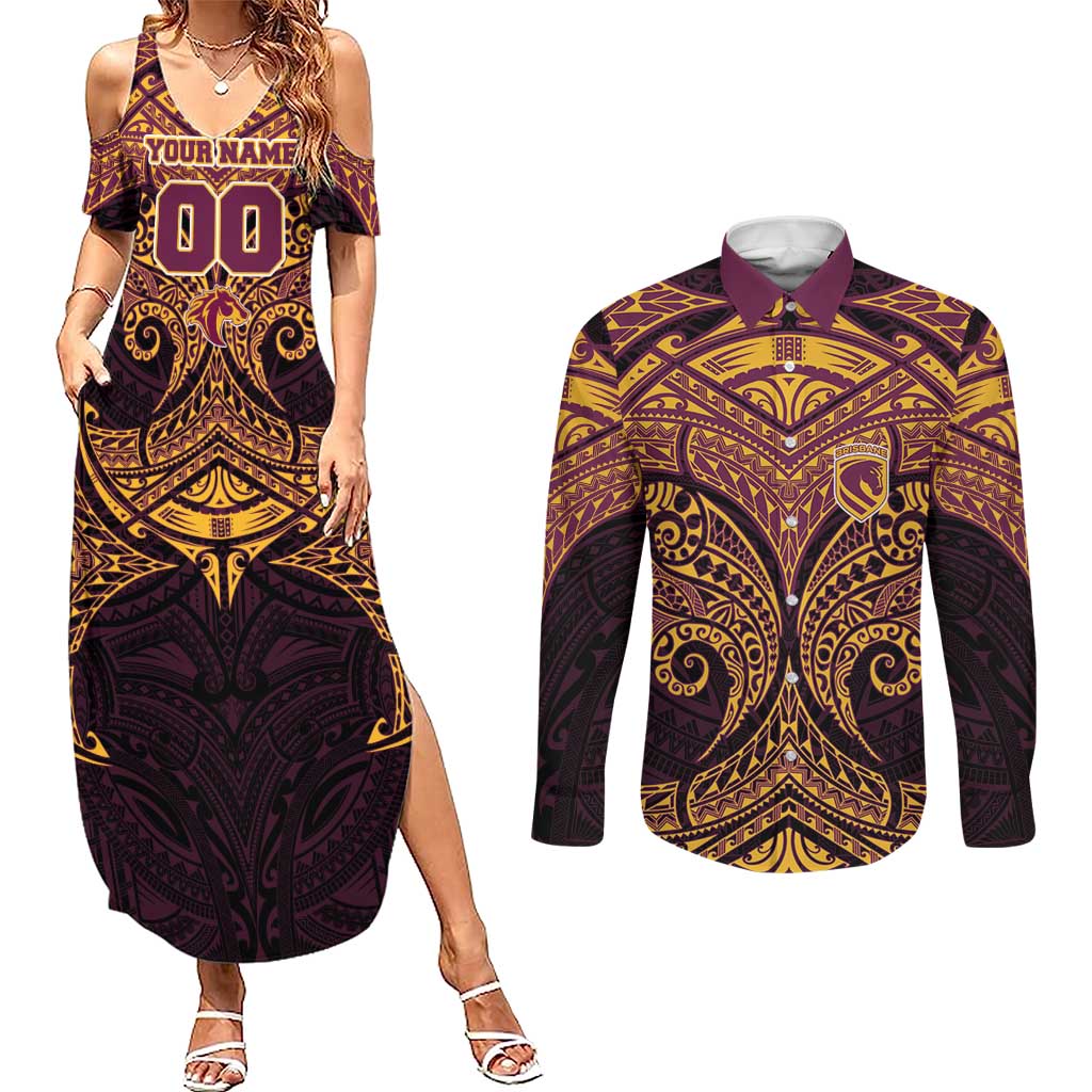 Personalized Brisbane Broncos Couples Matching Summer Maxi Dress and Long Sleeve Button Shirt Polynesian Tribal Pattern Style