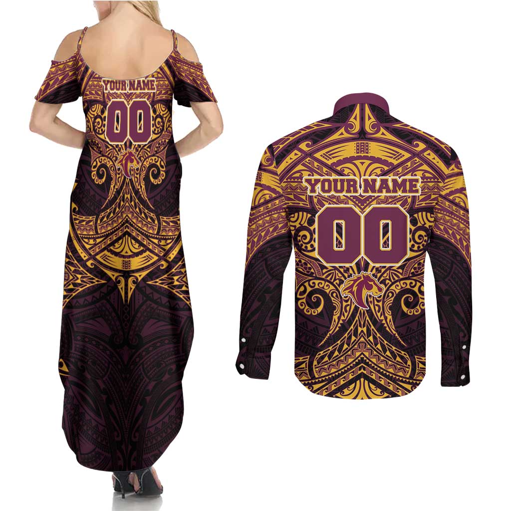 Personalized Brisbane Broncos Couples Matching Summer Maxi Dress and Long Sleeve Button Shirt Polynesian Tribal Pattern Style