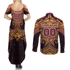 Personalized Brisbane Broncos Couples Matching Summer Maxi Dress and Long Sleeve Button Shirt Polynesian Tribal Pattern Style