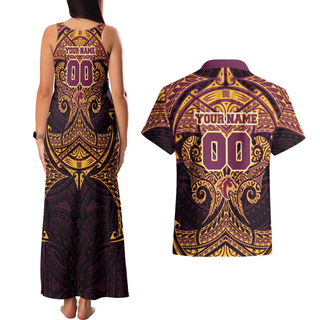 Personalized Brisbane Broncos Couples Matching Tank Maxi Dress and Hawaiian Shirt Polynesian Tribal Pattern Style