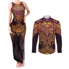 Personalized Brisbane Broncos Couples Matching Tank Maxi Dress and Long Sleeve Button Shirt Polynesian Tribal Pattern Style
