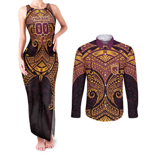 Personalized Brisbane Broncos Couples Matching Tank Maxi Dress and Long Sleeve Button Shirt Polynesian Tribal Pattern Style