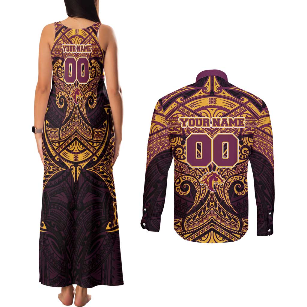 Personalized Brisbane Broncos Couples Matching Tank Maxi Dress and Long Sleeve Button Shirt Polynesian Tribal Pattern Style