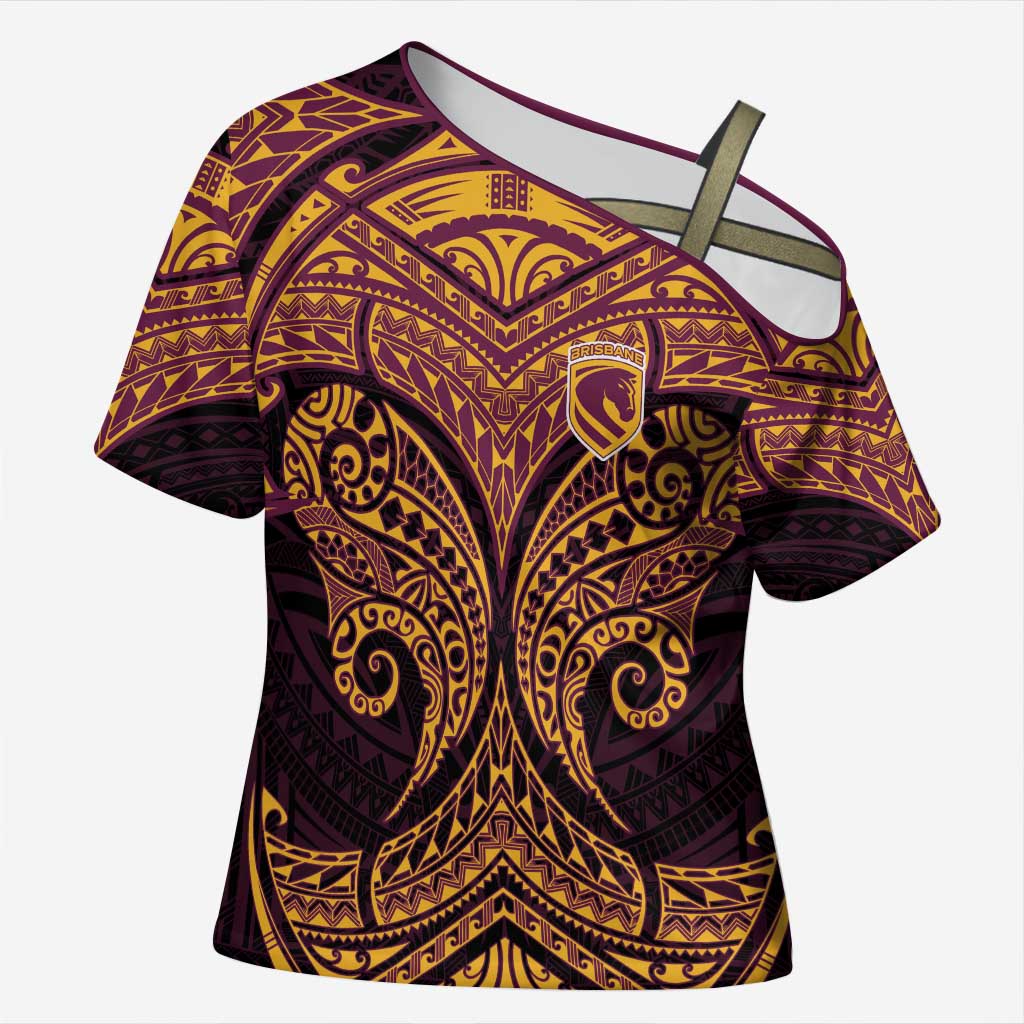 Personalized Brisbane Broncos Cross Shoulder Shirt Polynesian Tribal Pattern Style