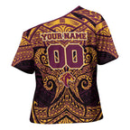 Personalized Brisbane Broncos Cross Shoulder Shirt Polynesian Tribal Pattern Style