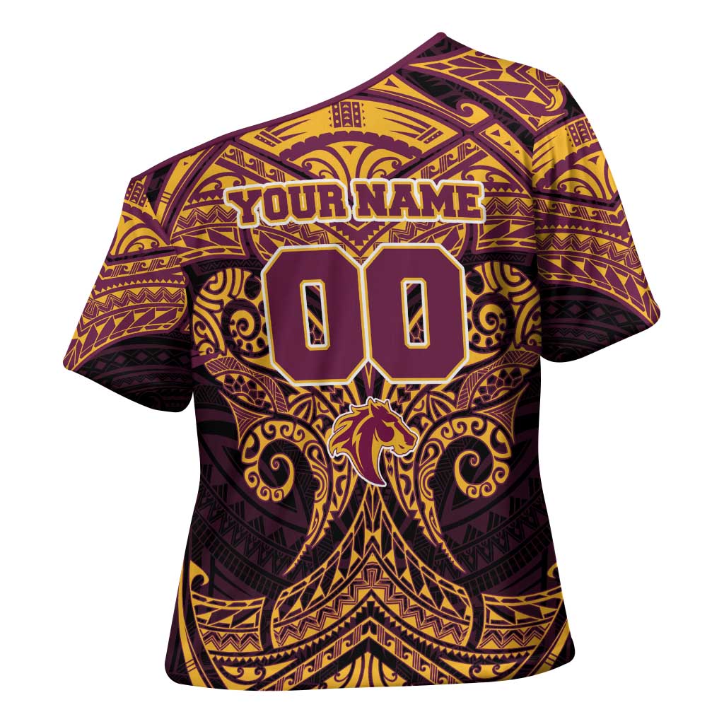 Personalized Brisbane Broncos Cross Shoulder Shirt Polynesian Tribal Pattern Style