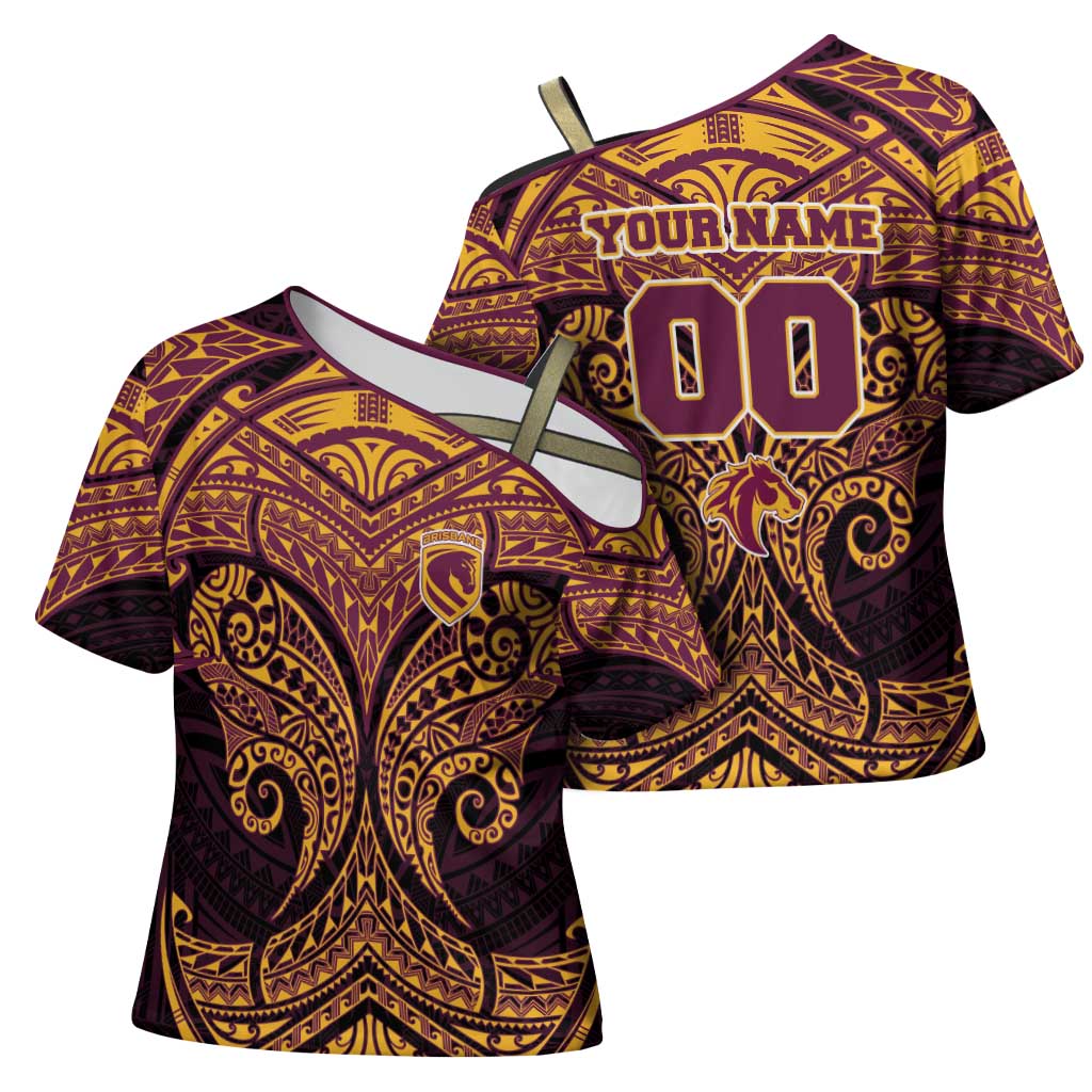 Personalized Brisbane Broncos Cross Shoulder Shirt Polynesian Tribal Pattern Style