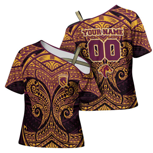 Personalized Brisbane Broncos Cross Shoulder Shirt Polynesian Tribal Pattern Style