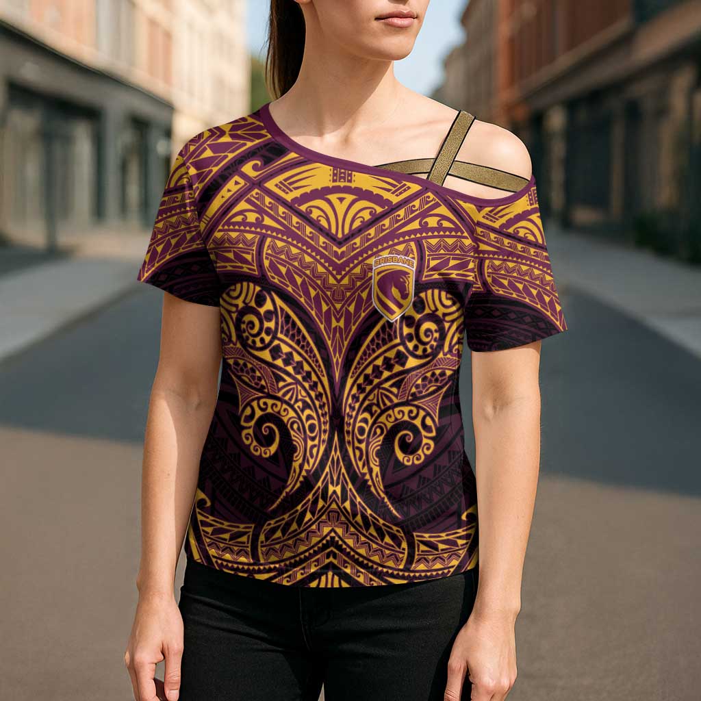 Personalized Brisbane Broncos Cross Shoulder Shirt Polynesian Tribal Pattern Style