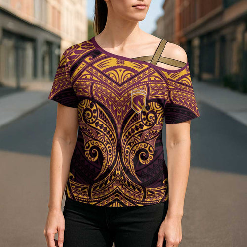 Personalized Brisbane Broncos Cross Shoulder Shirt Polynesian Tribal Pattern Style