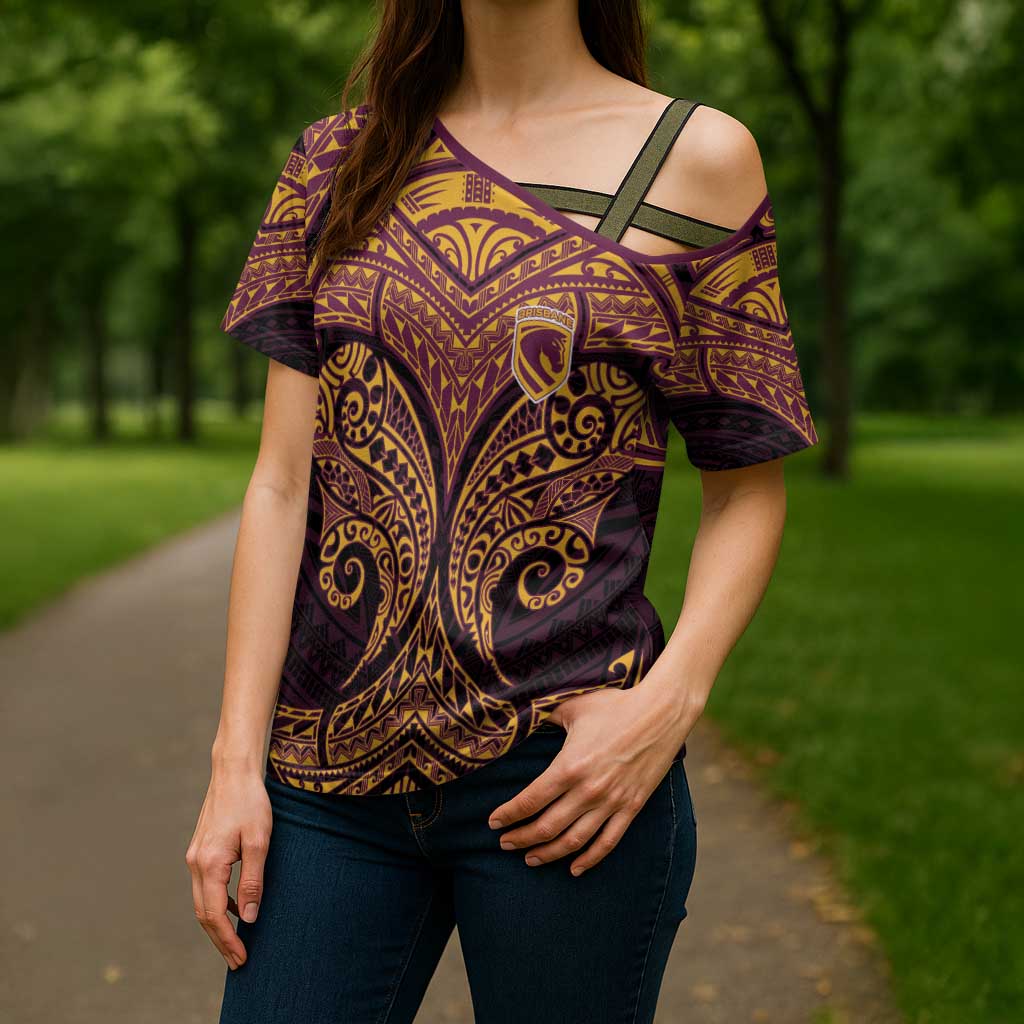 Personalized Brisbane Broncos Cross Shoulder Shirt Polynesian Tribal Pattern Style