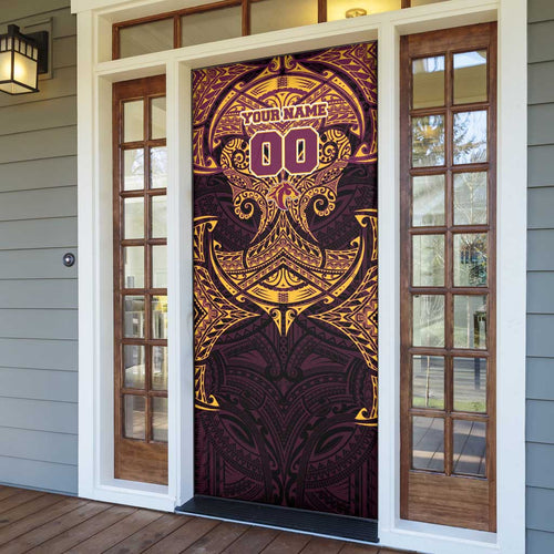 Personalized Brisbane Broncos Door Cover Polynesian Tribal Pattern Style