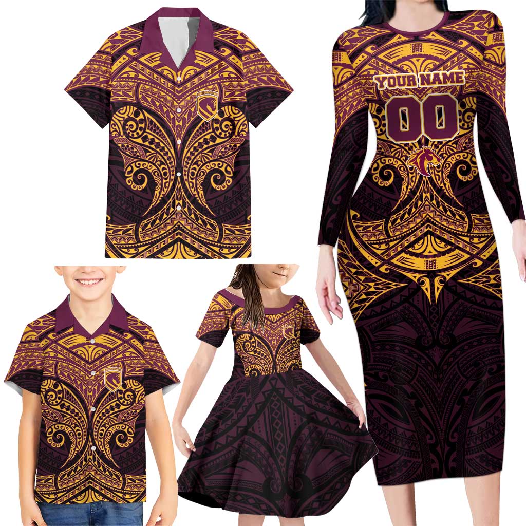 Personalized Brisbane Broncos Family Matching Long Sleeve Bodycon Dress and Hawaiian Shirt Polynesian Tribal Pattern Style