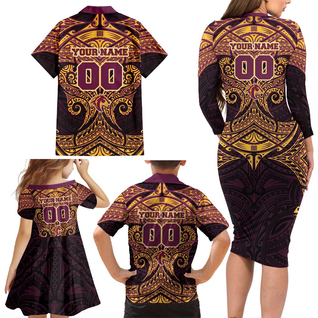Personalized Brisbane Broncos Family Matching Long Sleeve Bodycon Dress and Hawaiian Shirt Polynesian Tribal Pattern Style