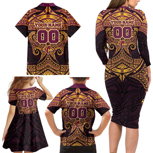 Personalized Brisbane Broncos Family Matching Long Sleeve Bodycon Dress and Hawaiian Shirt Polynesian Tribal Pattern Style
