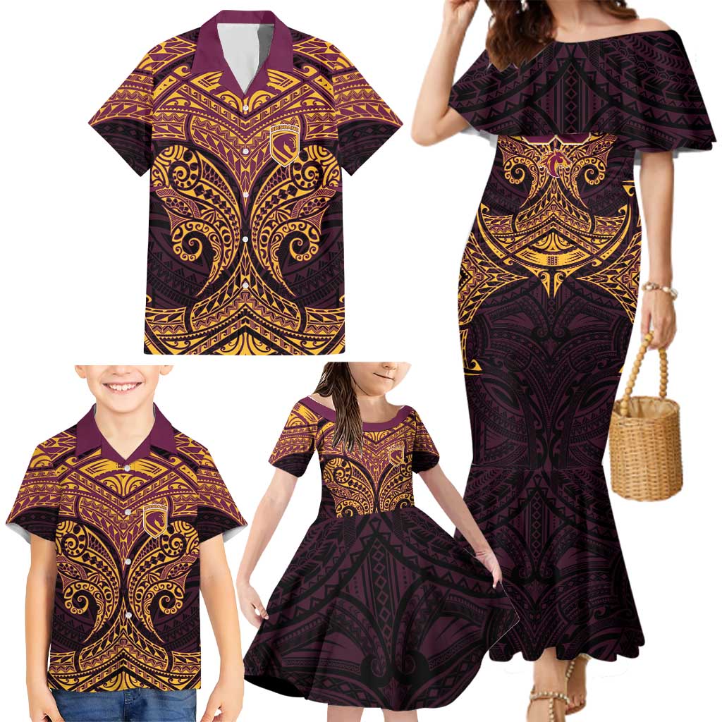 Personalized Brisbane Broncos Family Matching Mermaid Dress and Hawaiian Shirt Polynesian Tribal Pattern Style